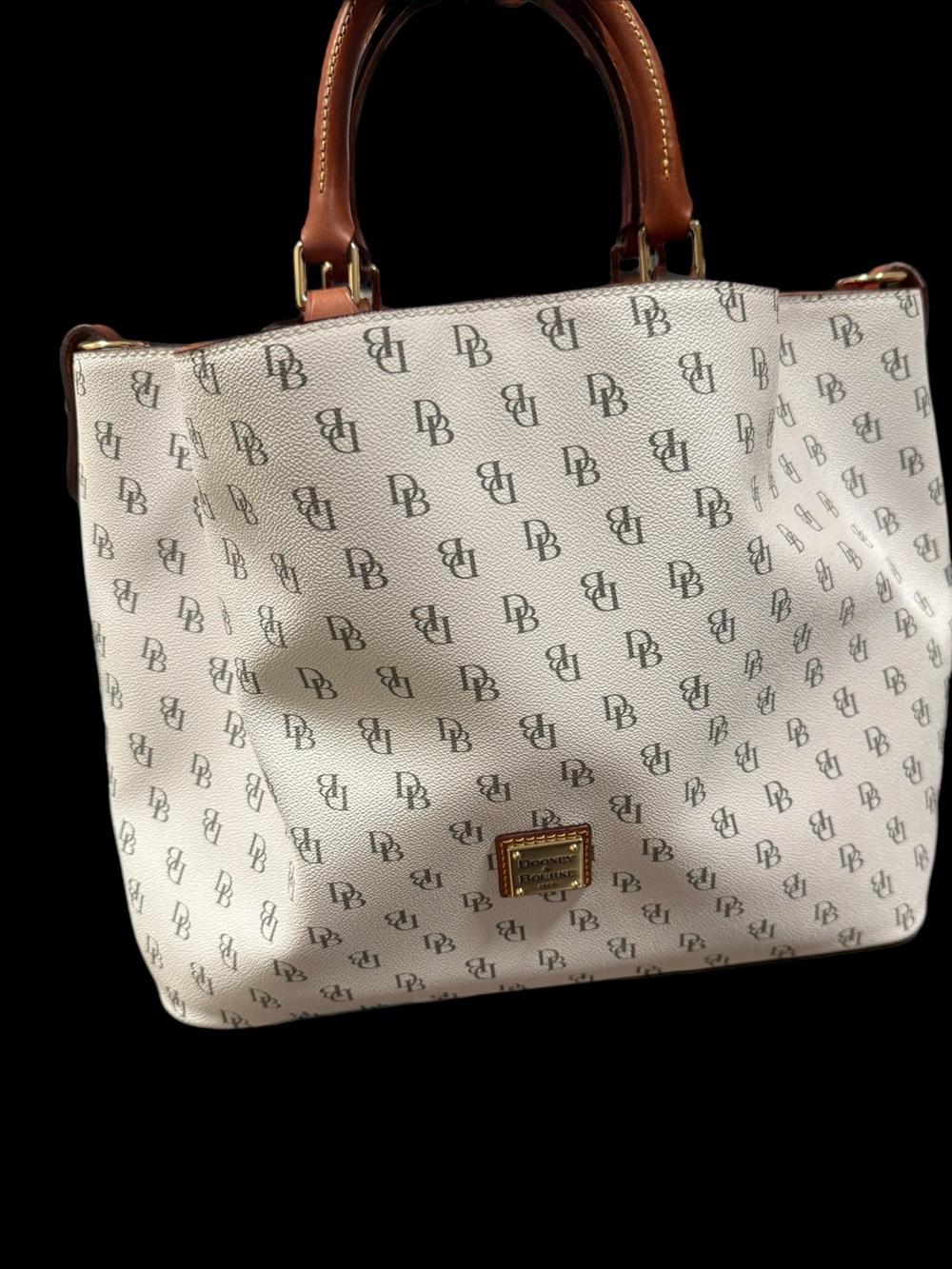 Dooney & Bourke White Signature Logo Tote with Brown Leather Handles